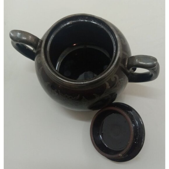 Gibson England Silver Overlay Redware Pottery Sugar Creamer Set Rustic Farm - Picture 4 of 9